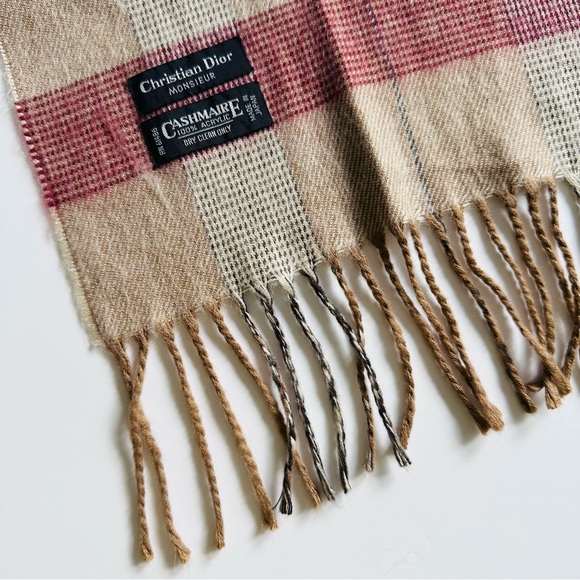 Dior Other - Vintage Christian Dior Cashmaire Scarf Fringe Tan Red Plaid Made in Japan